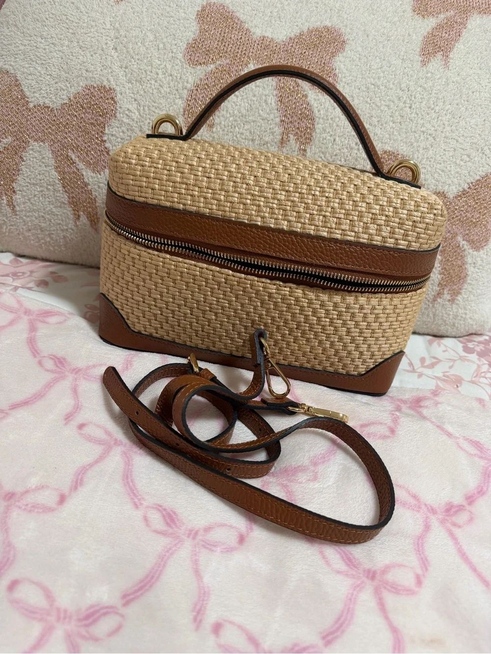 Cheval Woven Straw Top-Handle Box Bag in Tan with crossbody strap